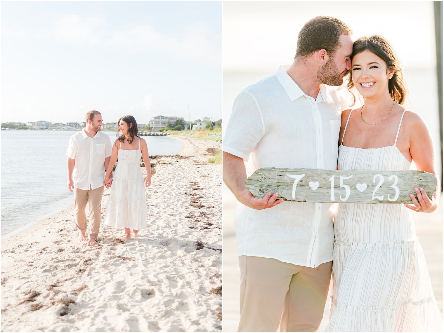 engaged couple holds sign for save the date photo on Lavallette Beach