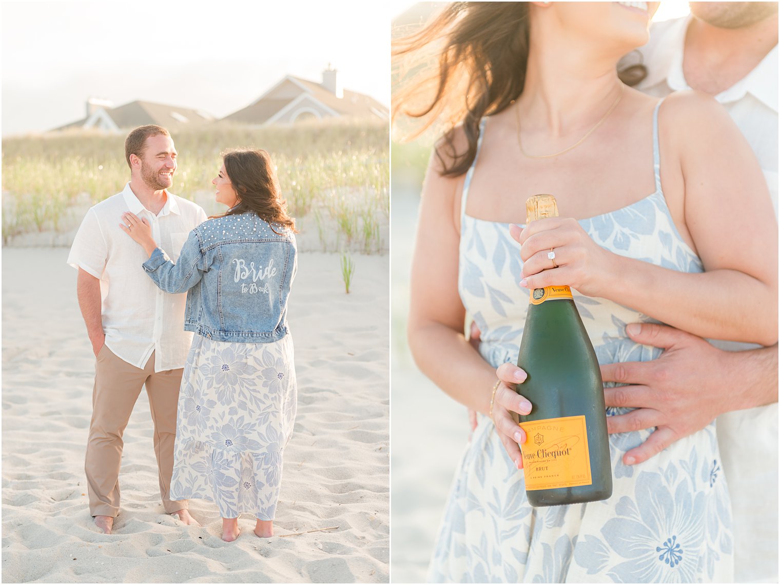 woman holds bottle of champagne in custom jean jacket on sand