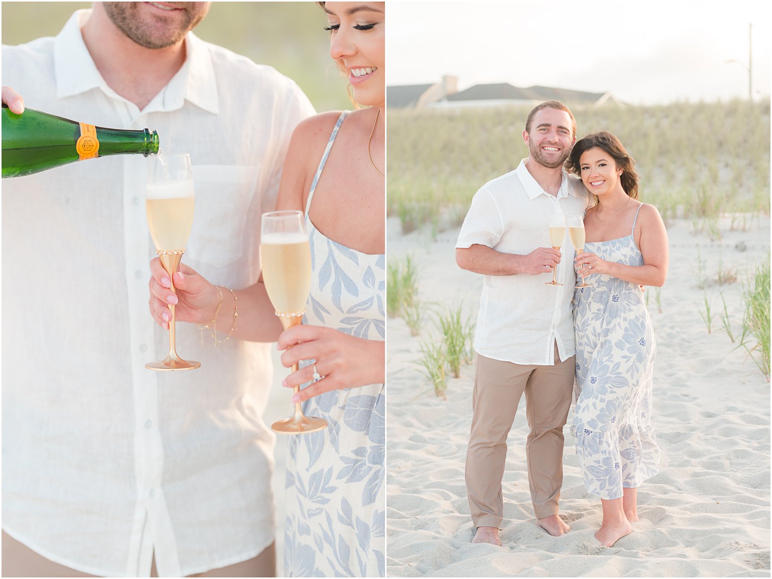 engaged couple toasts champagne during Lavallette Beach engagement session 