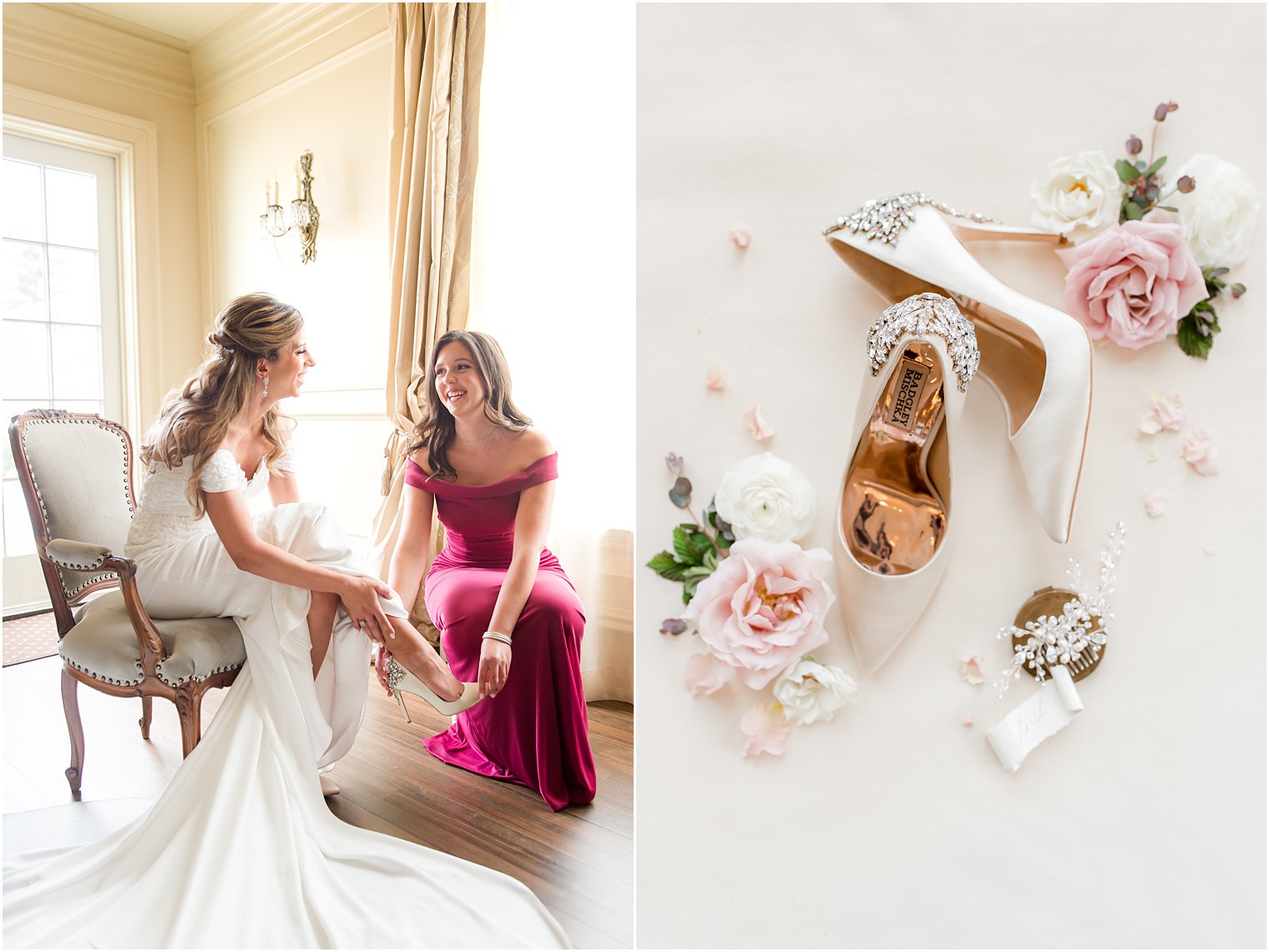 bridesmaid in pink gown helps bride with shoes for NJ wedding day
