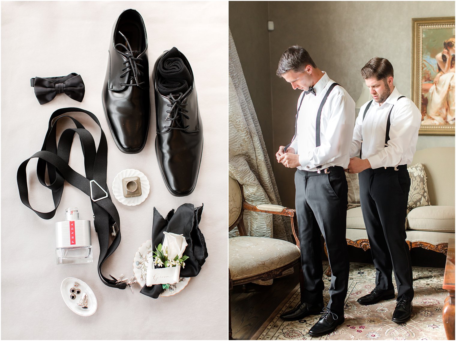 groomsman helps groom with suspenders before NJ wedding