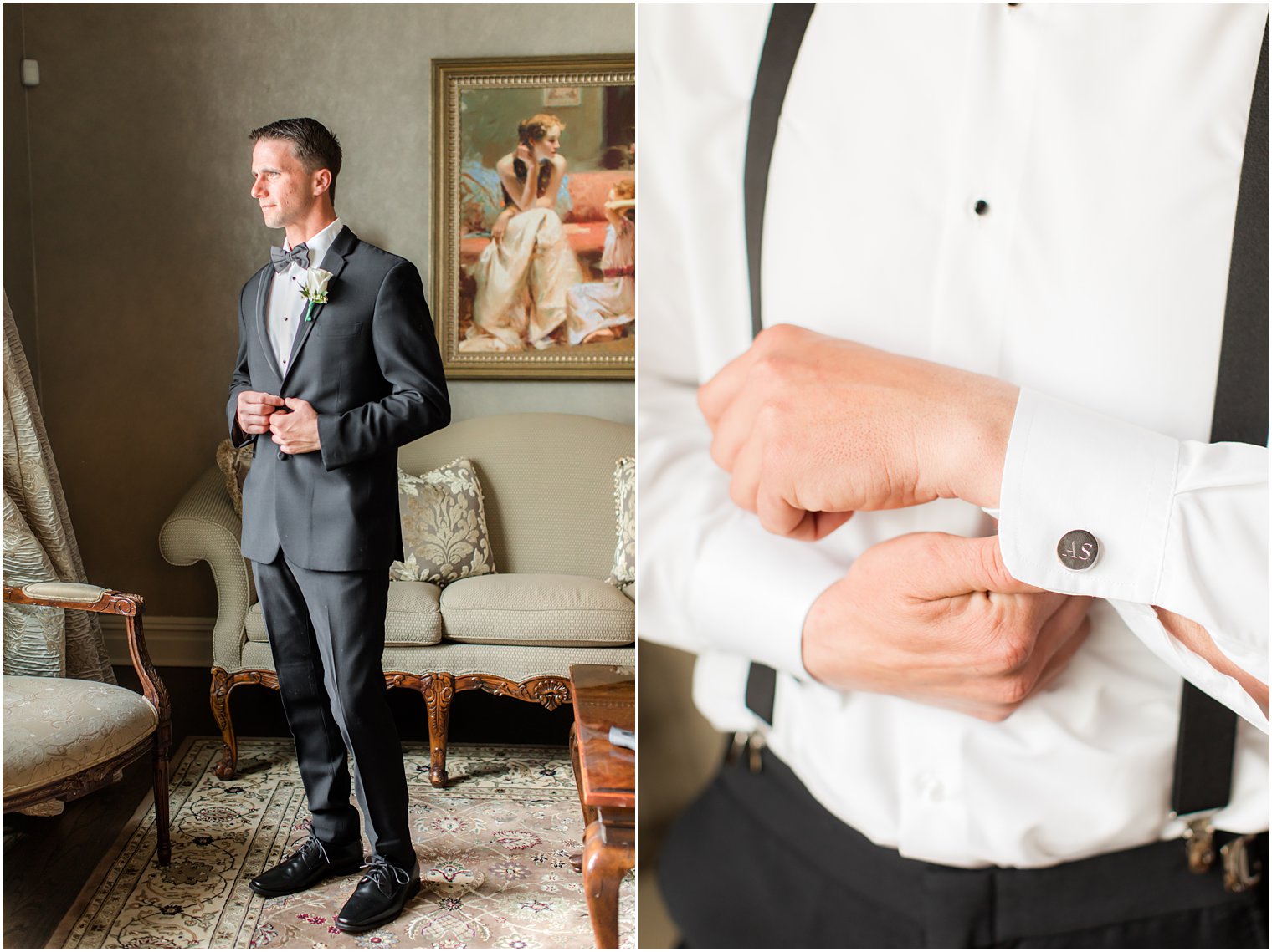 groom adjusts cufflinks before New Jersey wedding day