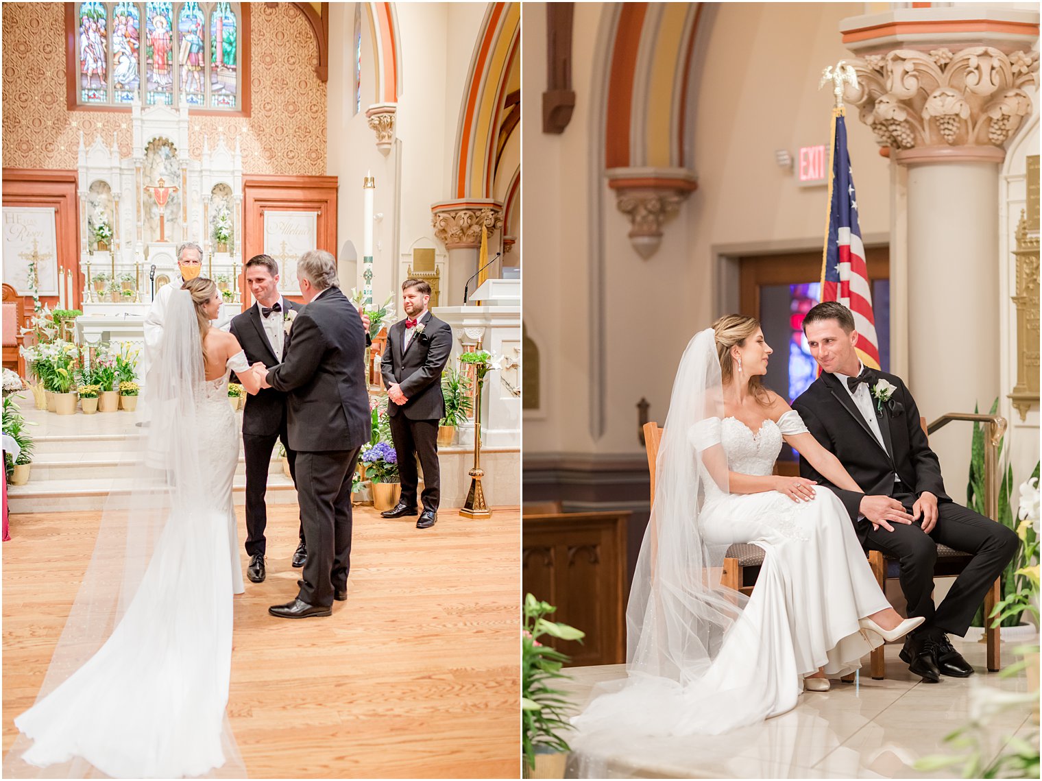 bride and groom sit together during ceremony at St. Vincent's Martyr Catholic Church