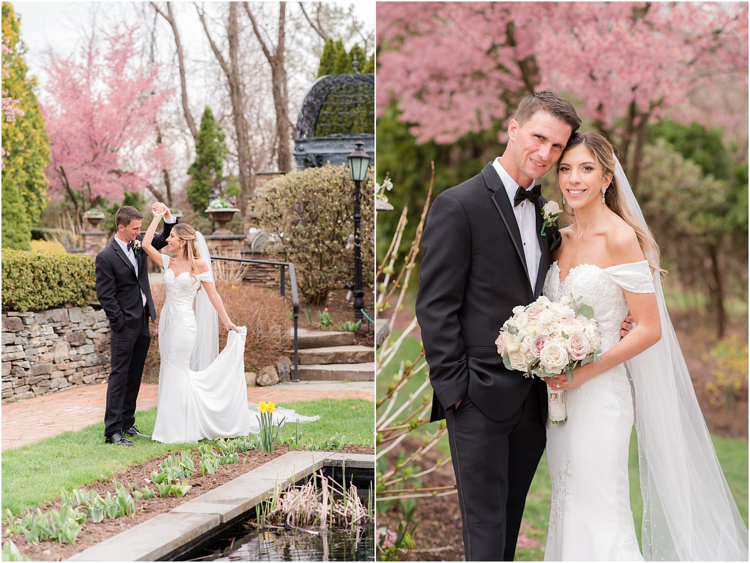 bride and groom hug by cherry blossoms at Park Savoy Estate