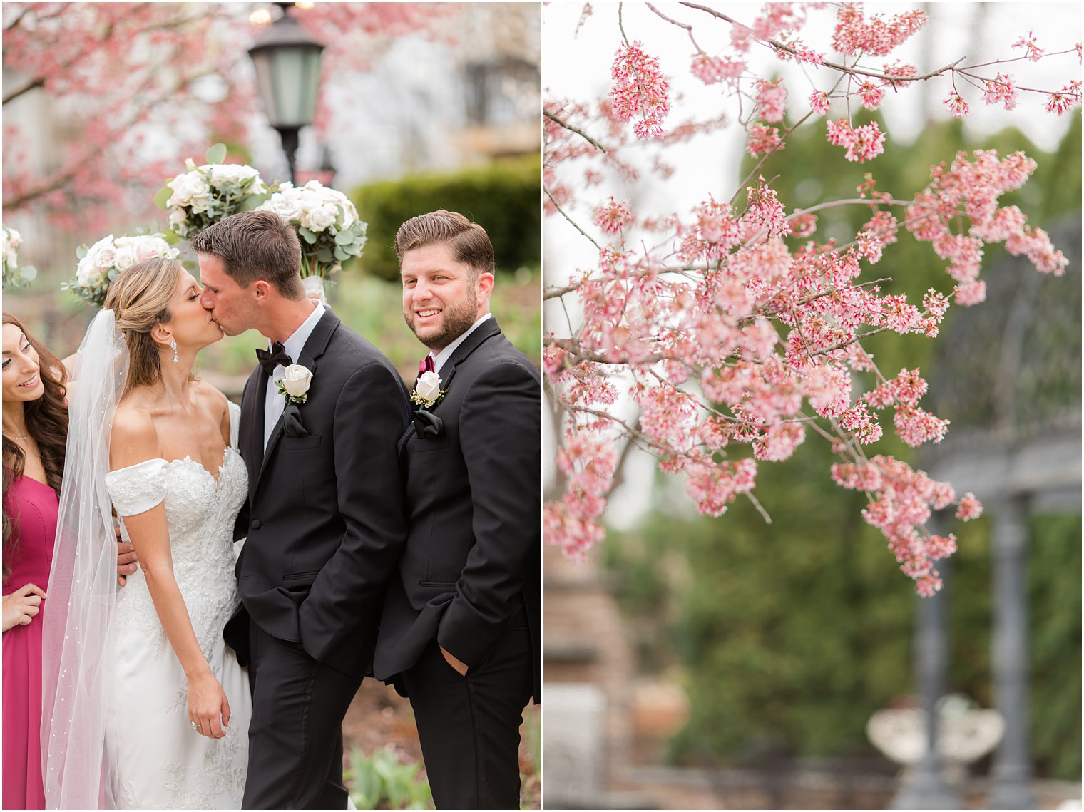 bride and groom kiss near cherry blossoms during spring wedding at Park Savoy Estate