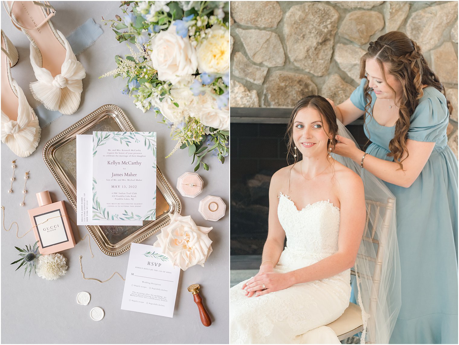 bridesmaid adjust bride's hair by stone fireplace at Indian Trail Club 