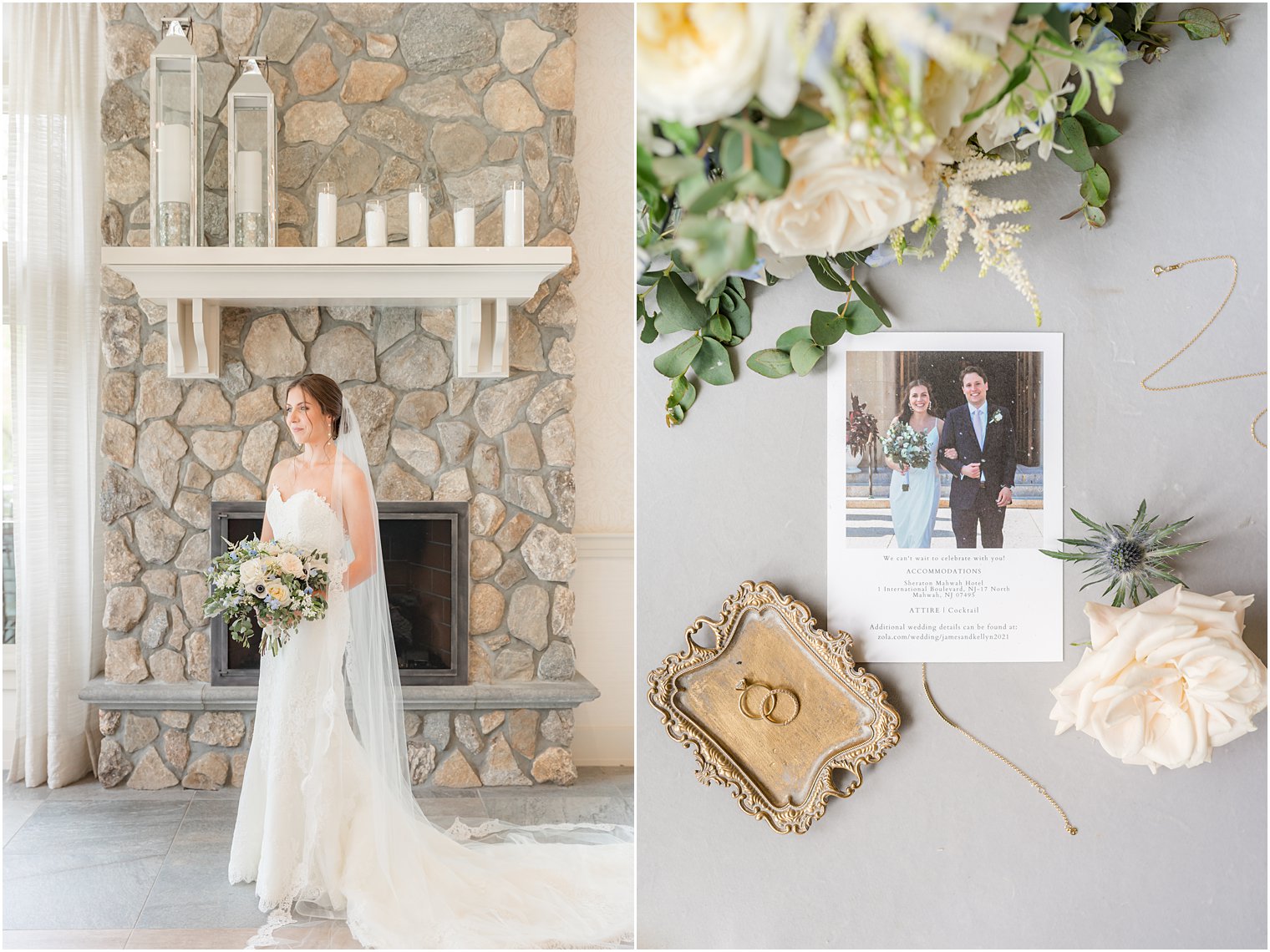 bride poses by fireplace in wedding gown with bouquet 