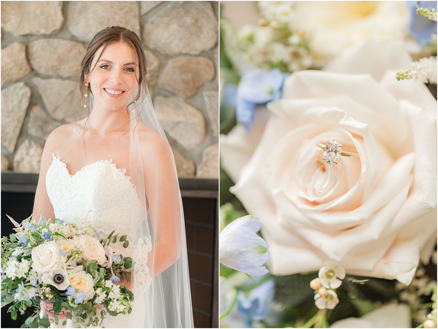 bride smiles holding bouquet of flowers