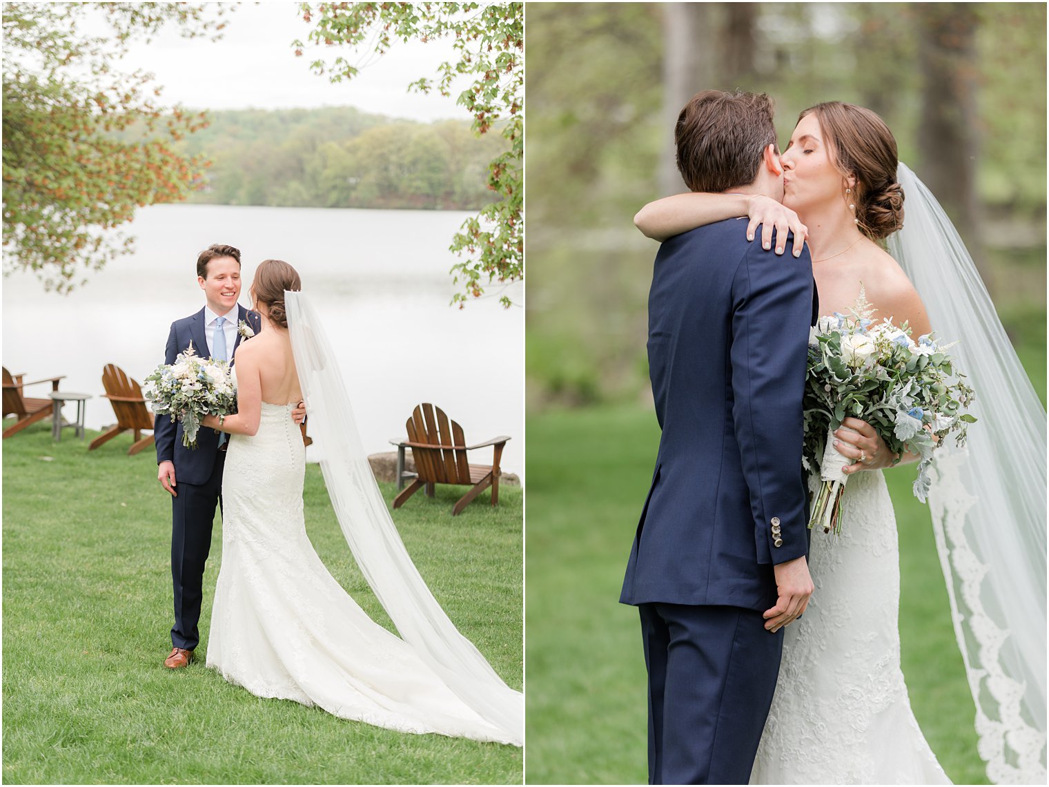bride and groom hug by lake during first look at Indian Trail Club