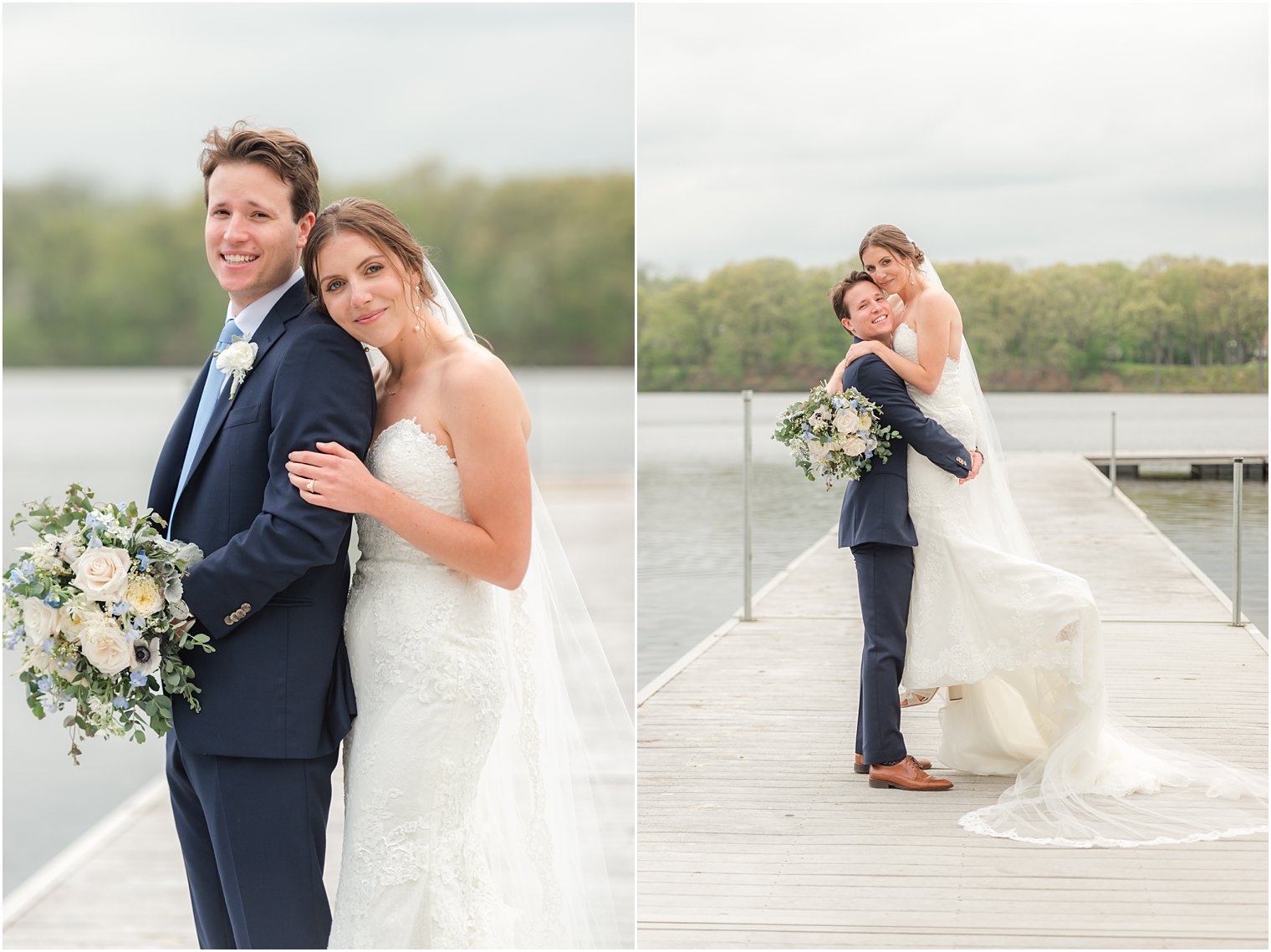 groom lifts bride on wooden dock at Indian Trail Club