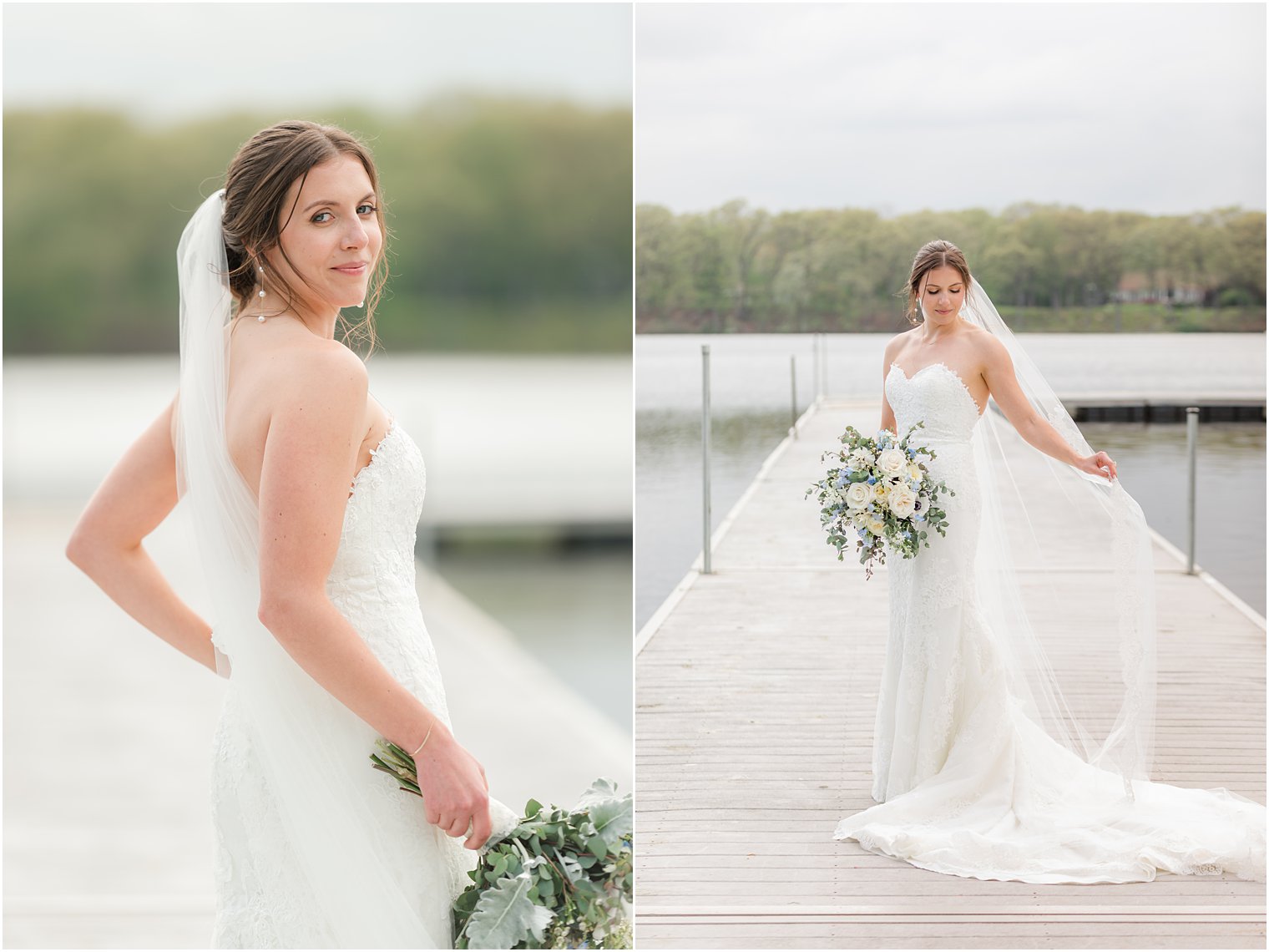 bridal portrait for bride in off-the-shoulder gown on woods dock at Indian Trail Club