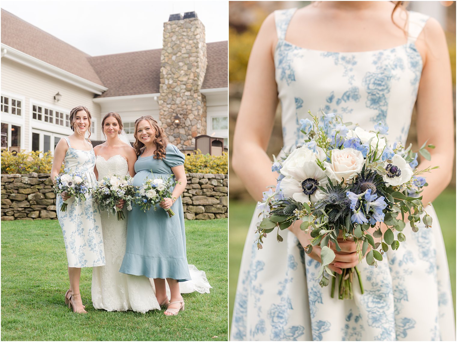bridesmaid in blue and white dress holds small bouquet of flowers 