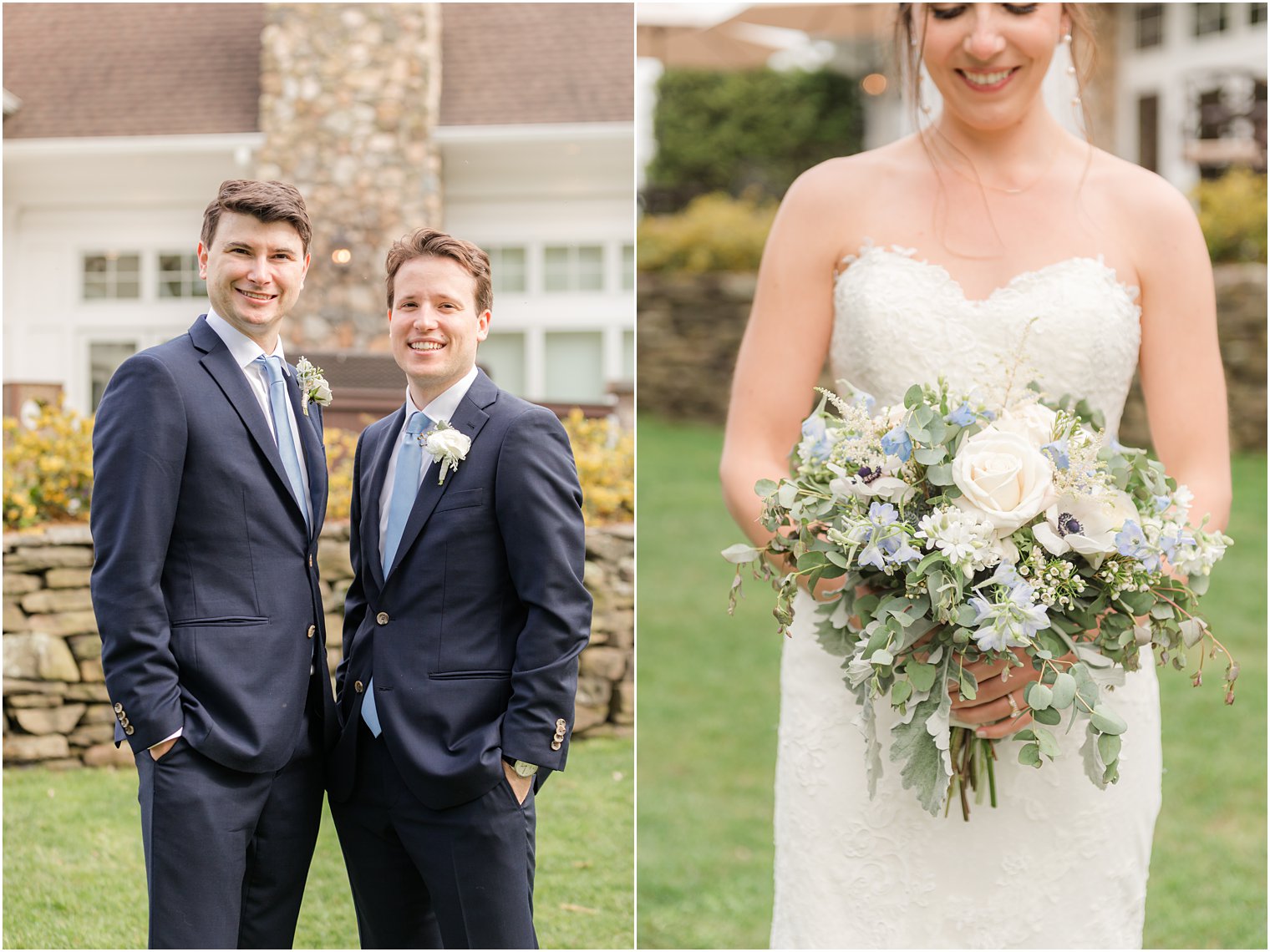 groom poses with groomsmen and bride holds bouquet of white and blue flowers