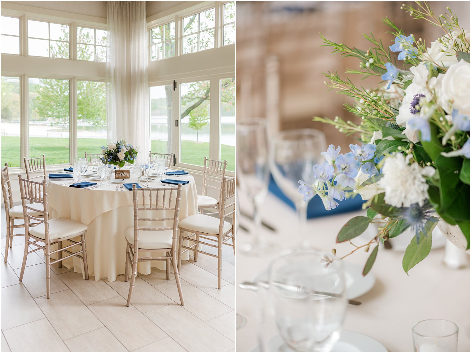 white and blue floral centerpieces for spring wedding reception 