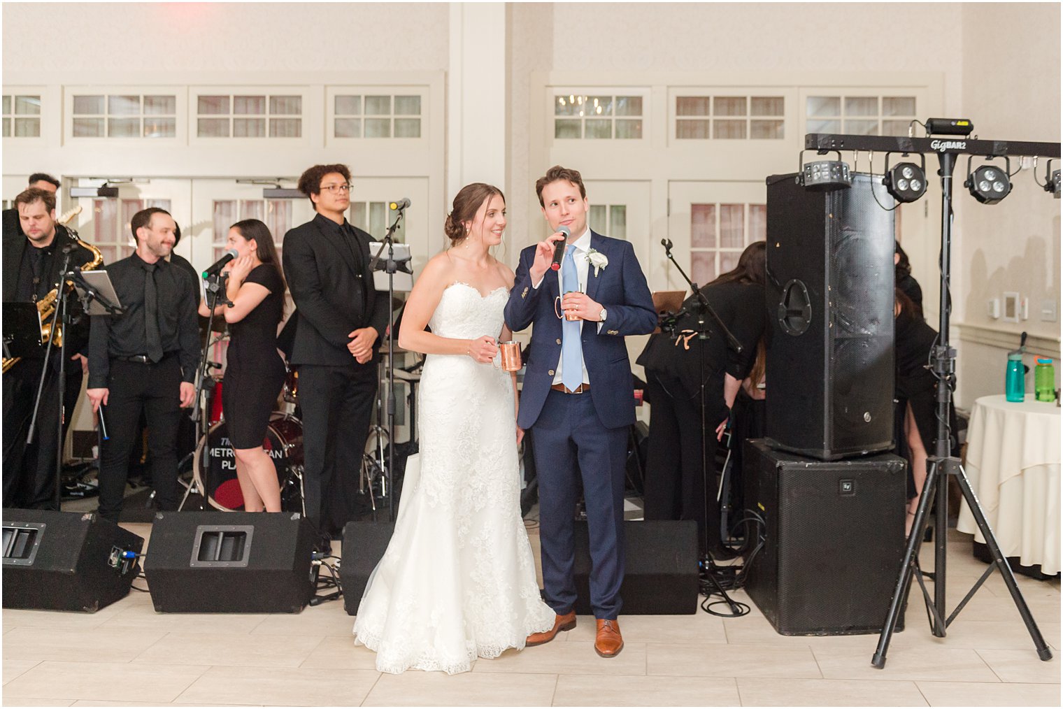 newlyweds thank guests by live band during Franklin Lakes NJ wedding reception