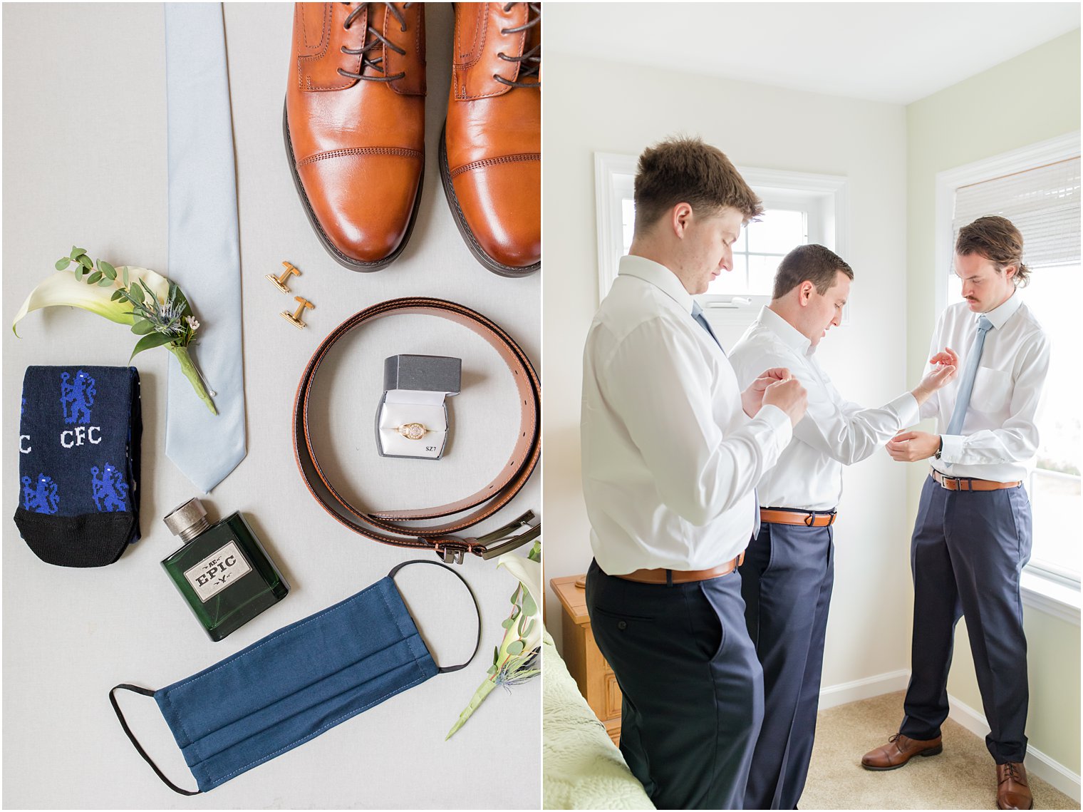 groomsmen help groom with prep for English Manor wedding