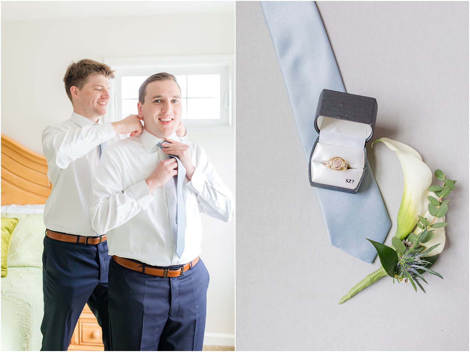 groomsman helps groom with tie before English Manor wedding