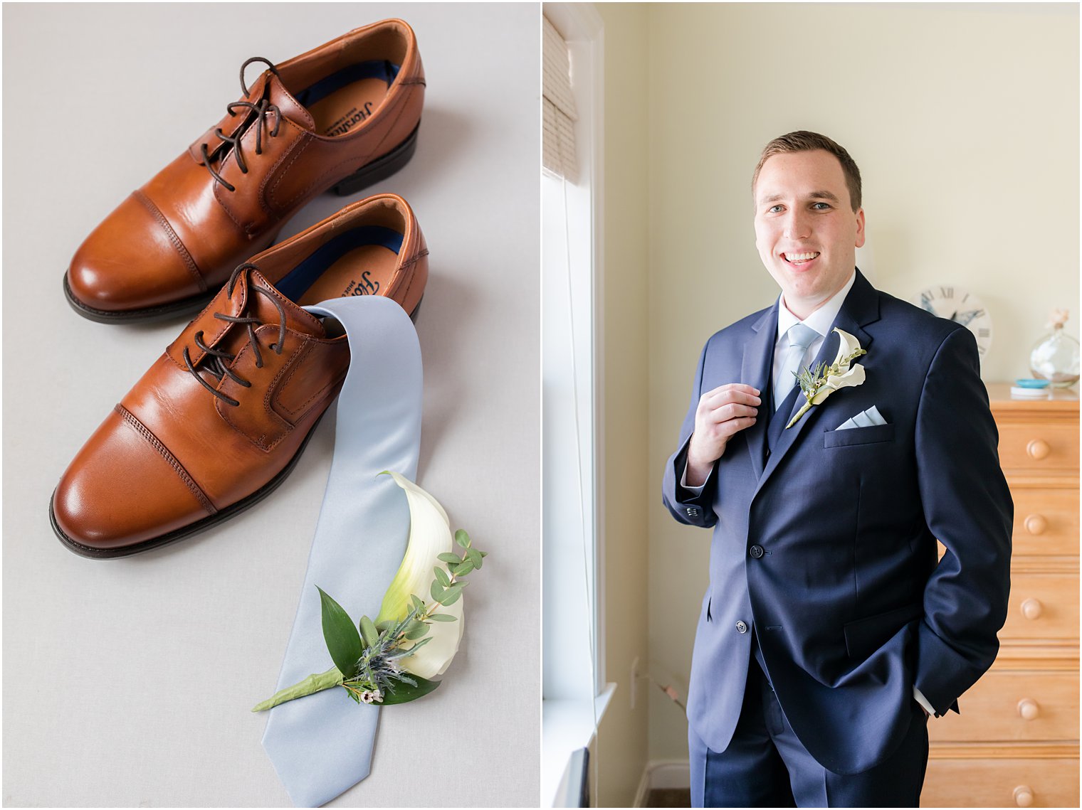 groom holds lapel of blue suit in suite at the English Manor 