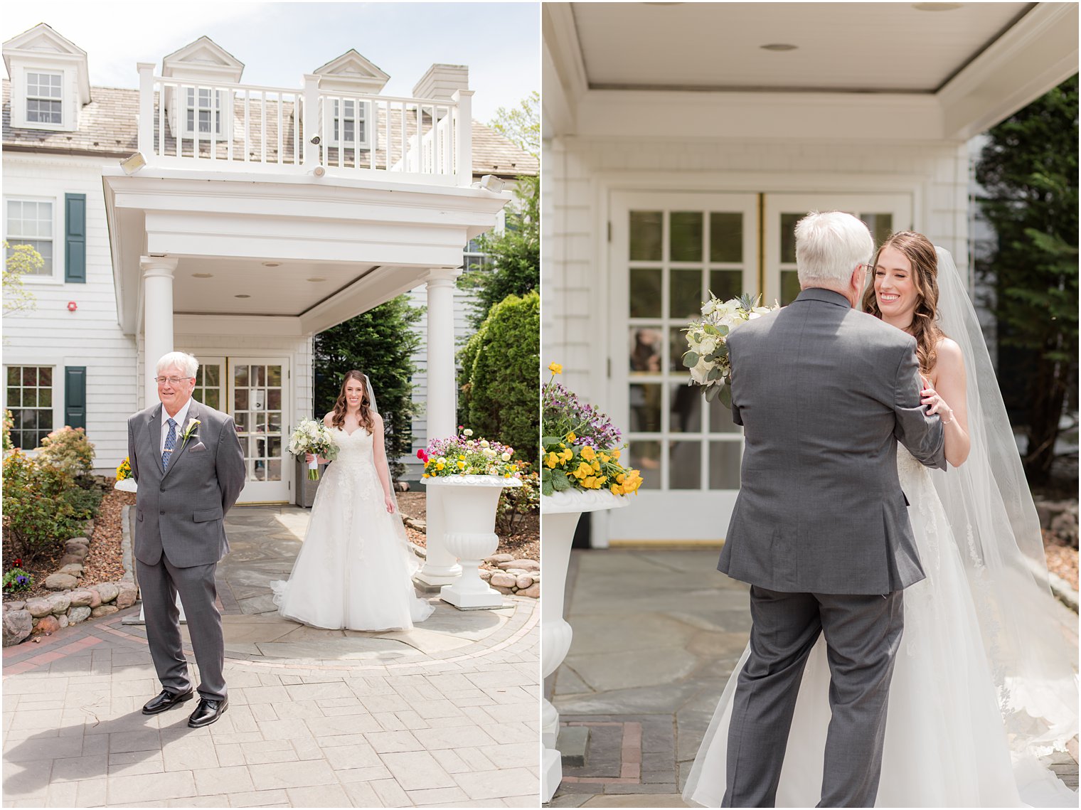 bride has first look with dad before English Manor wedding outside home 