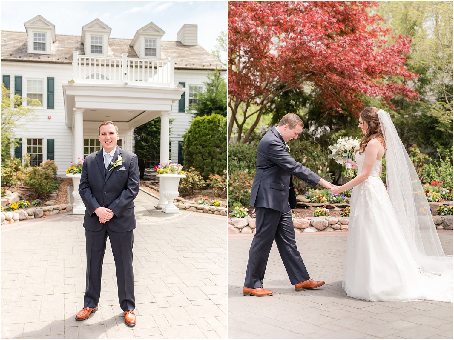 bride and groom meet during first look before English Manor wedding