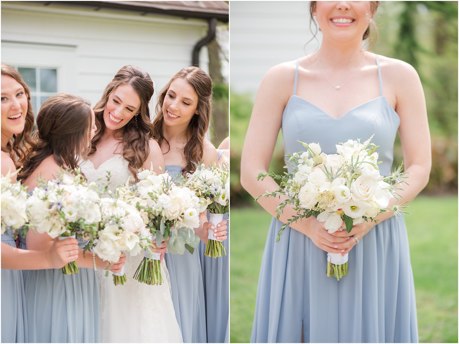 bridesmaids in light blue gowns hold all-white bouquets at The English Manor