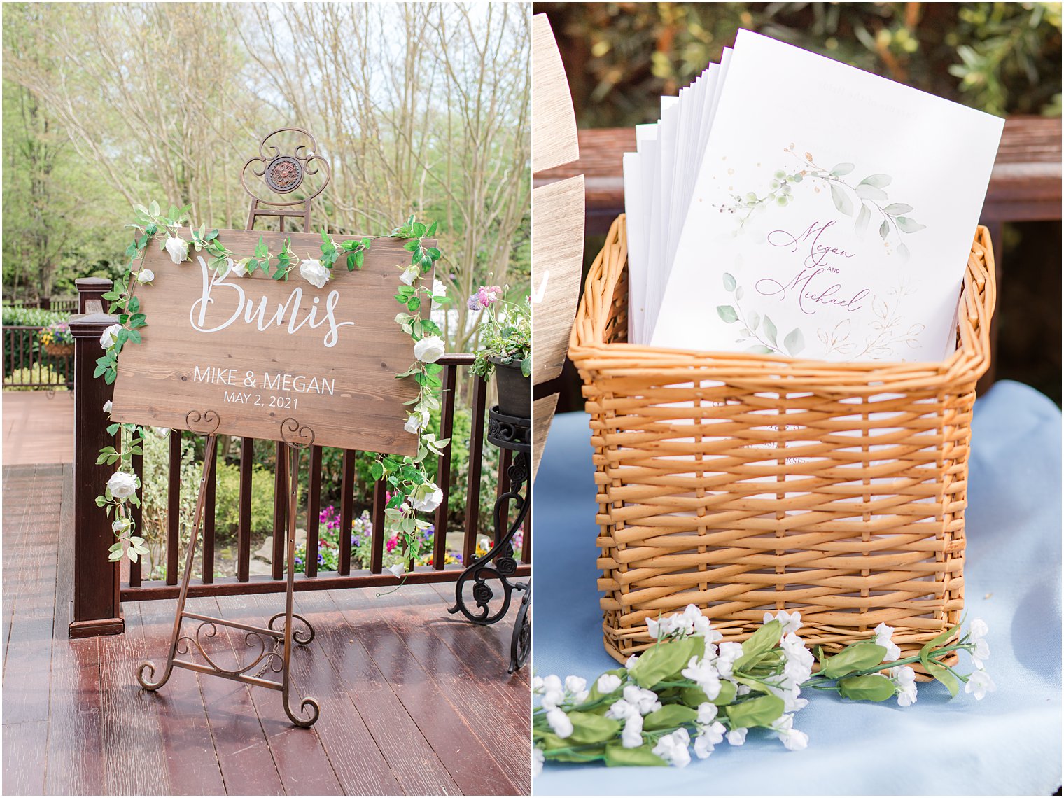 welcome sign and programs for garden wedding ceremony at The English Manor