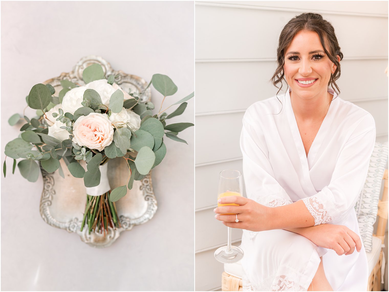 bride sits in white robe with mimosa on wedding morning 