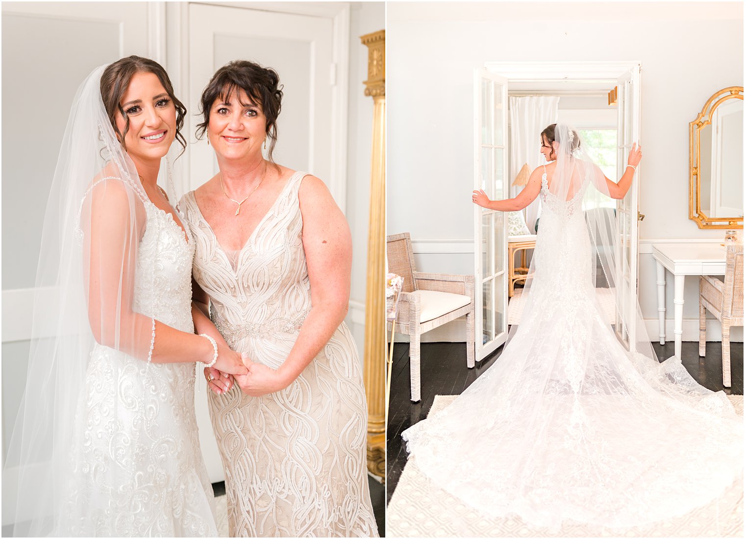 mother stands with bride after getting dressed