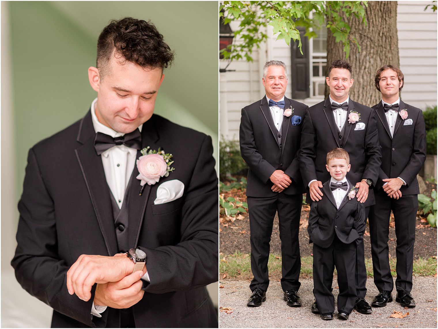 groom stands with groomsmen in black tuxes 