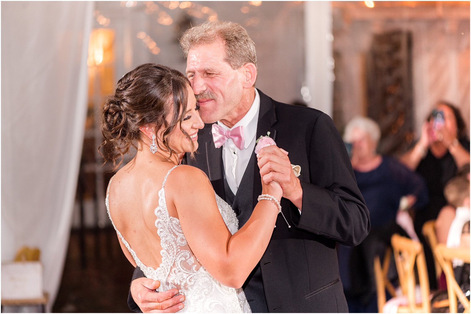 dad hugs bride during dance at NJ wedding reception 