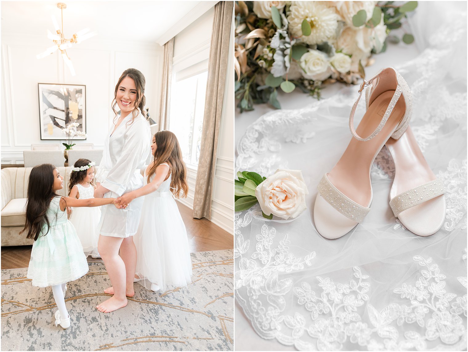 bride prepares with flower girls for wedding day in New Jersey 