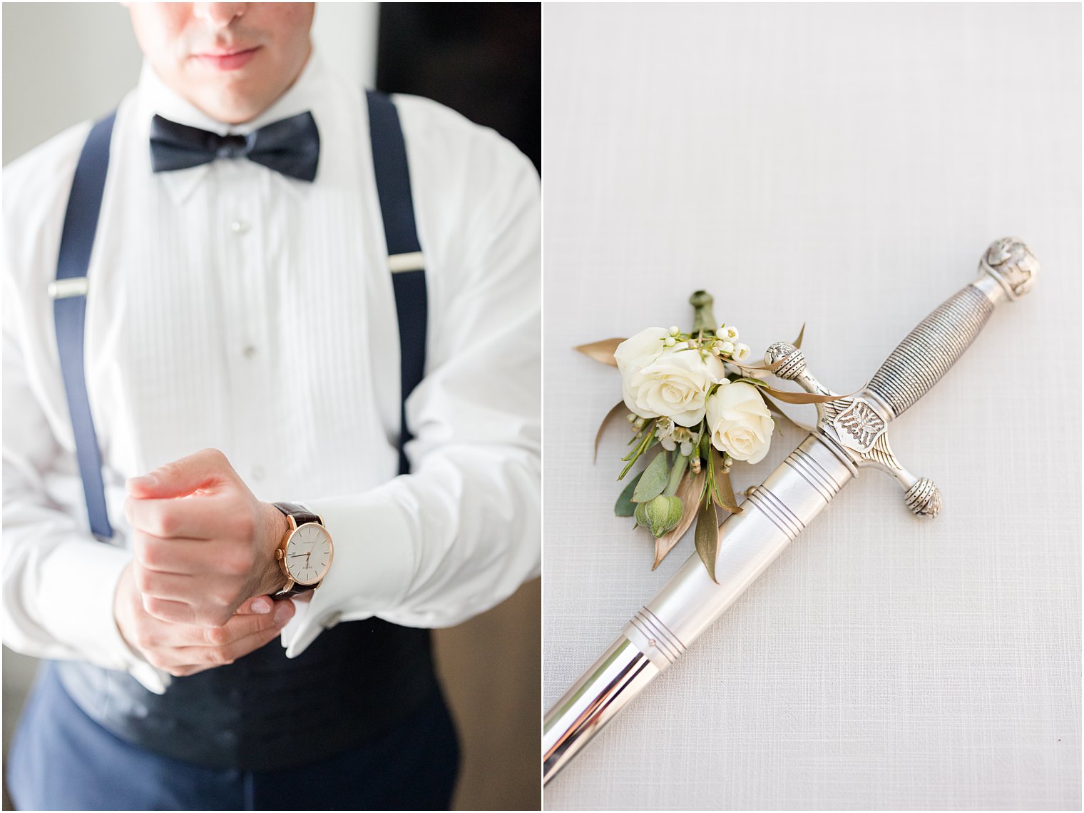 groom adjusts cufflinks and saber rests with ivory roses 