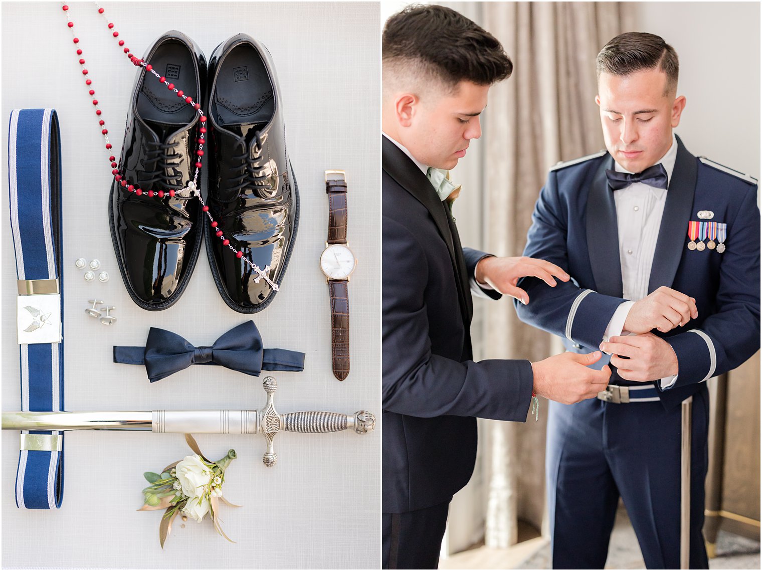 groomsman helps groom into military uniform for wedding at Park Chateau Estate