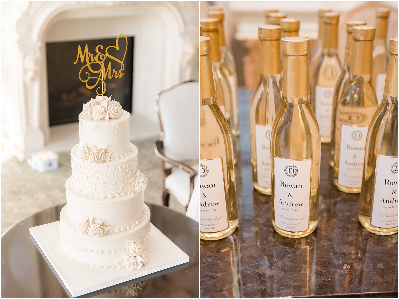 tiered wedding cake with homemade wine for guests 