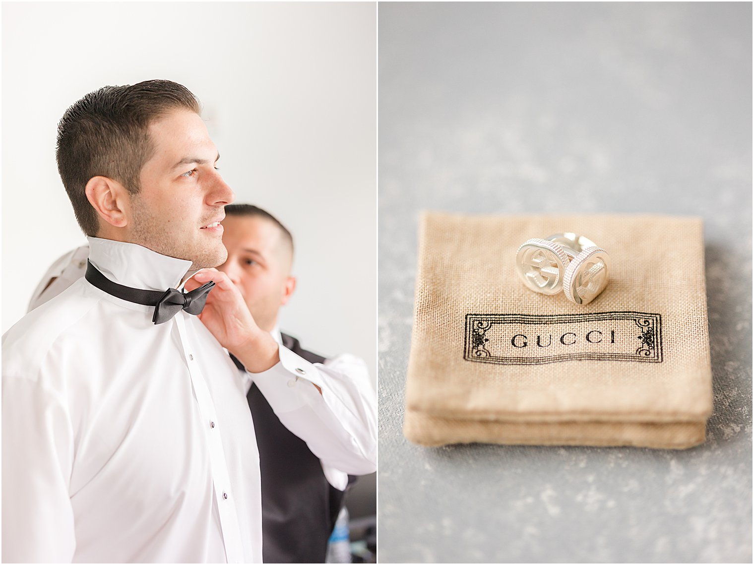 groomsman helps groom with tie before NJ wedding
