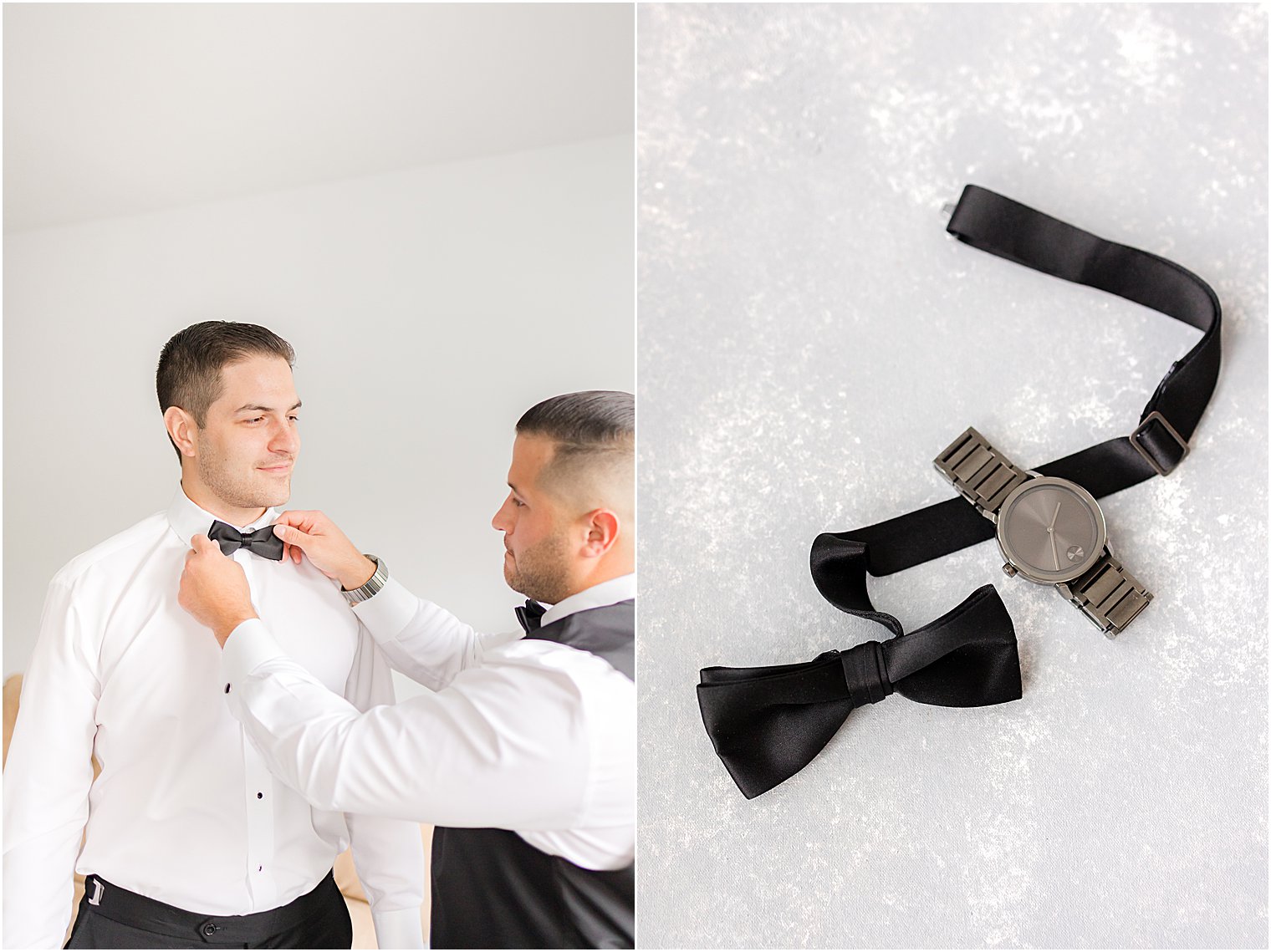 groomsman helps groom with black tie before NJ wedding 