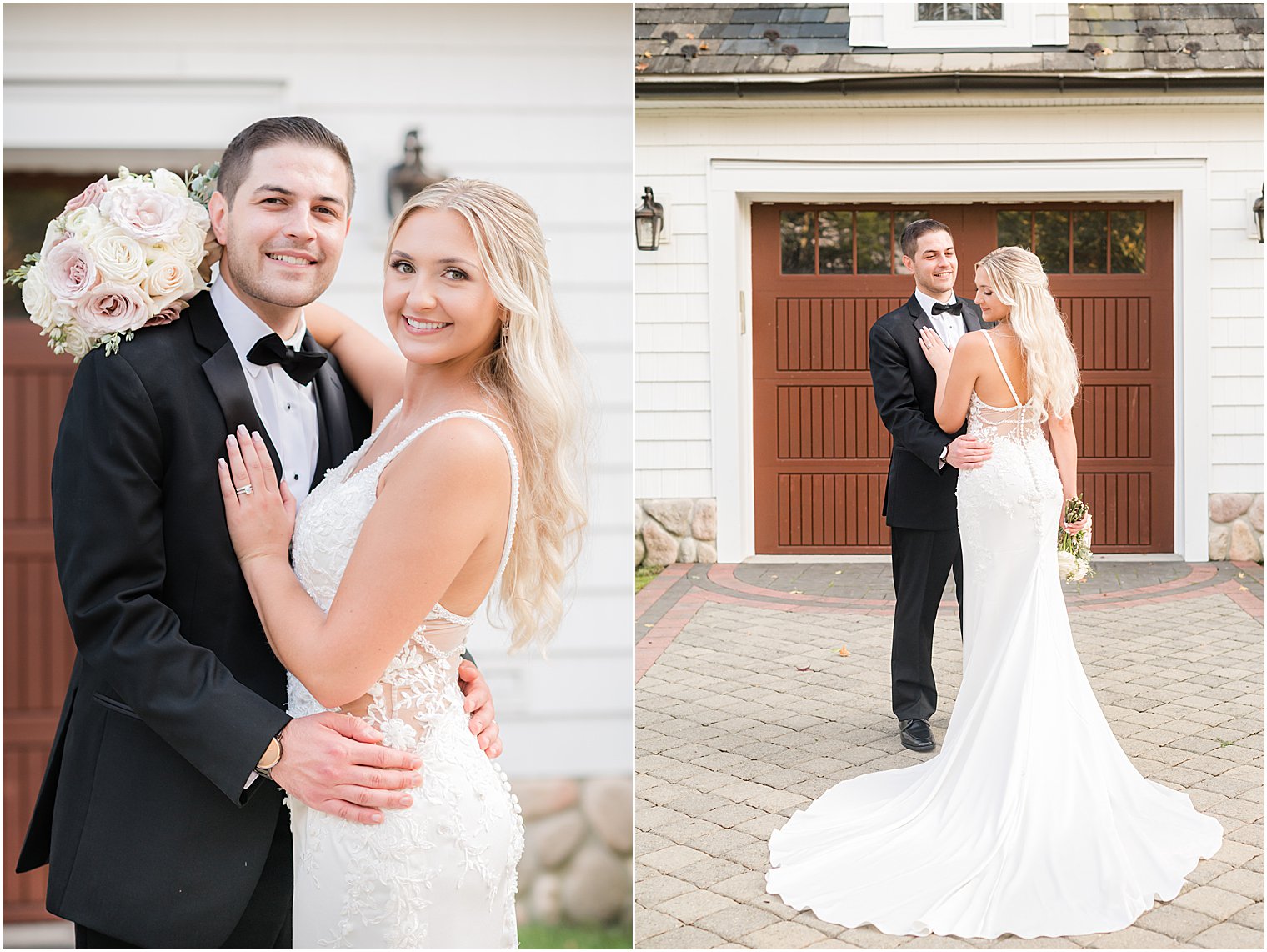 newlyweds hug by wooden doors at The English Manor