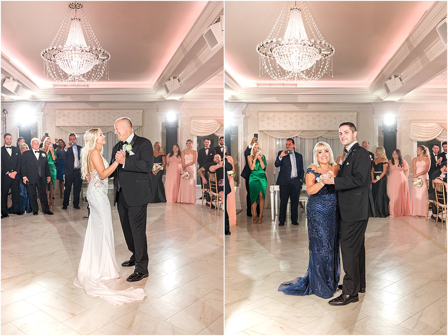 newlyweds dance with parents during reception in ballroom at The English Manor