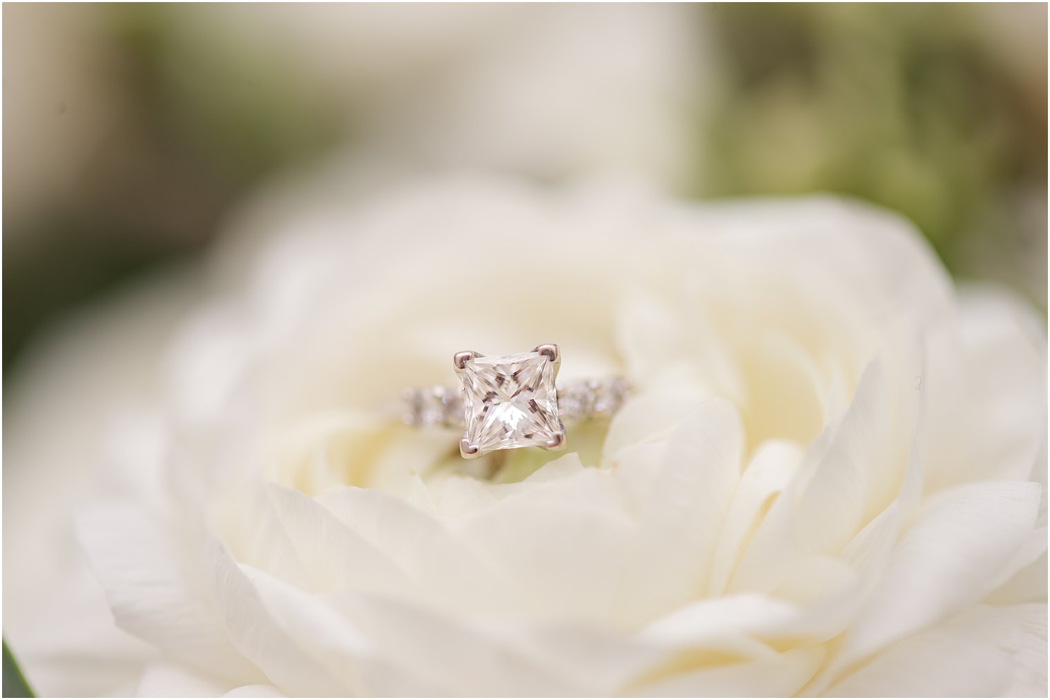 diamond ring rests in ivory flowers 