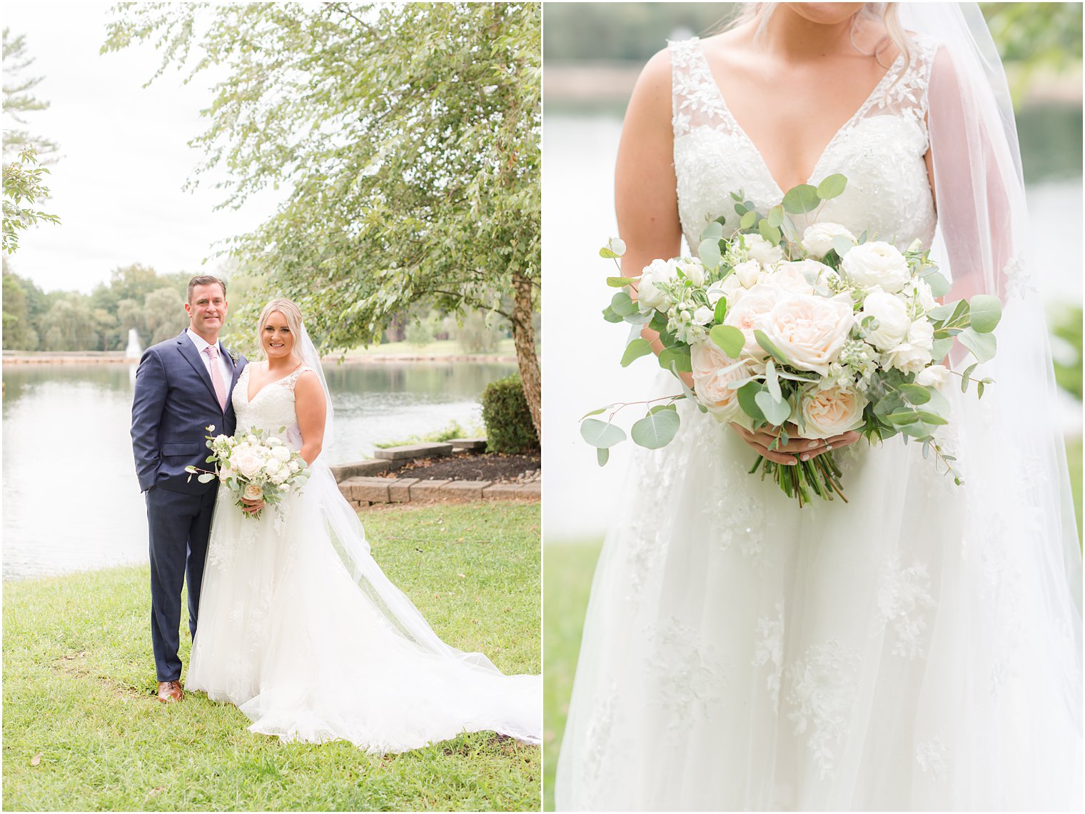 bride holds bouquet of white flowers by lake at Windows on the Water at Frogbridge