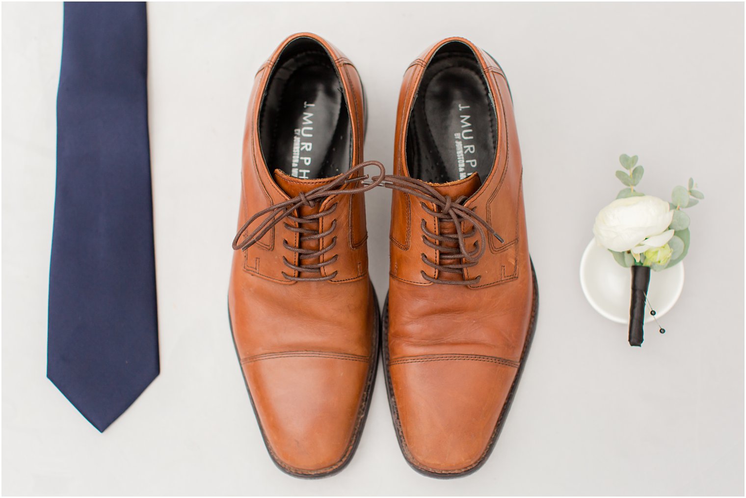 groom's brown shoes with navy tie for NJ wedding 