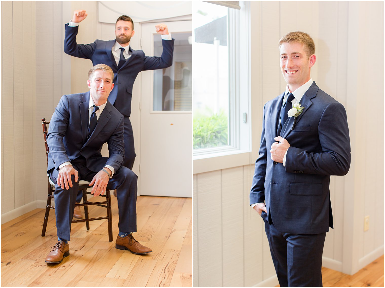 groom poses in groom's suite at Windows on the Water at Frogbridge while groomsman jumps behind him 