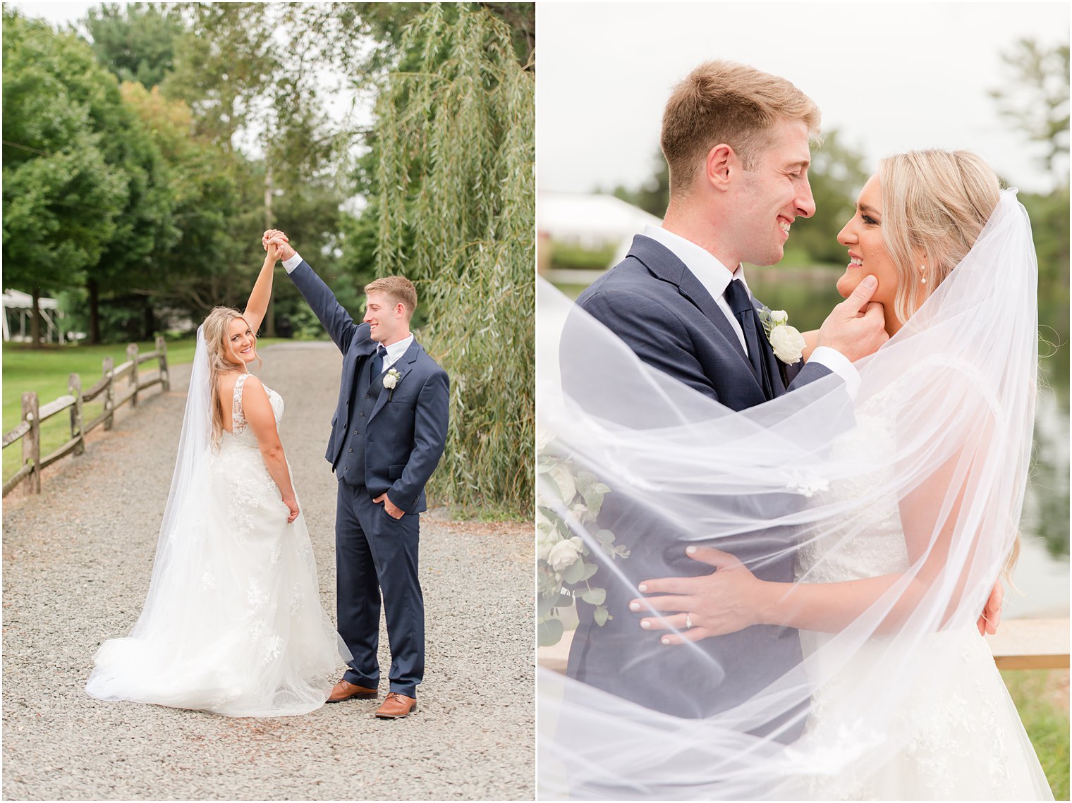 groom twirls bride and hugs her to him with veil around them at Windows on the Water at Frogbridge