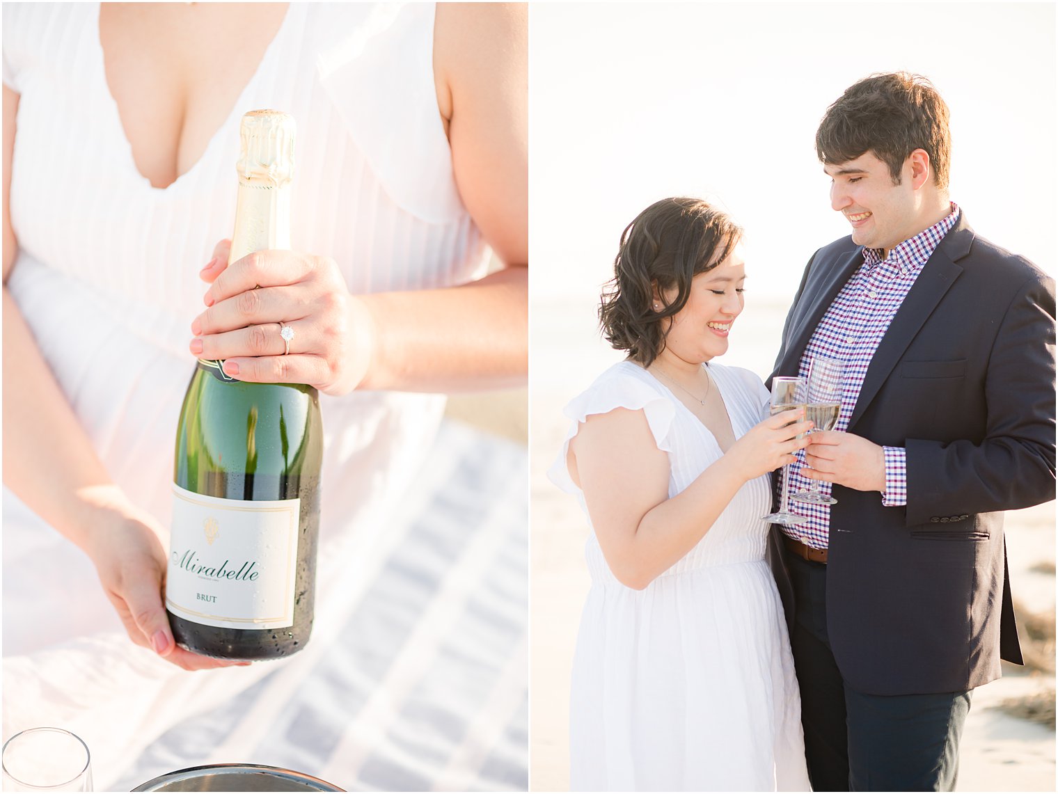 couple toasts Champagne while bride shows off ring 