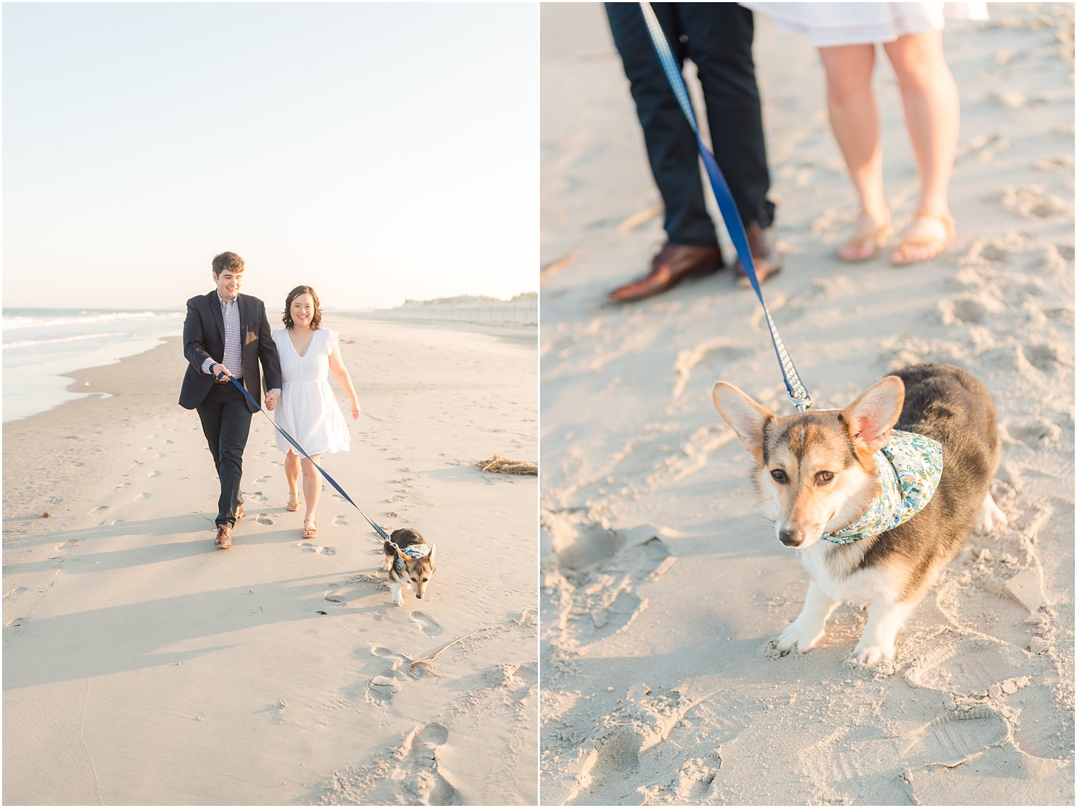 couple walks puppy on sand during beach engagement session in Avalon NJ