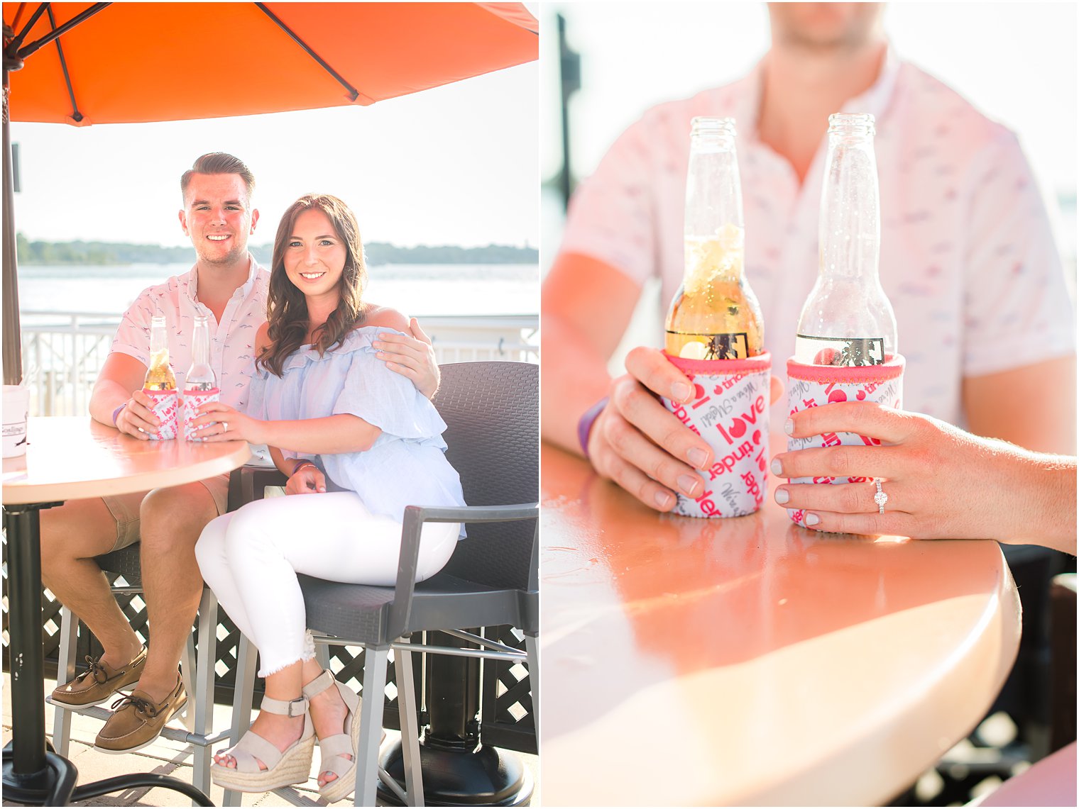 engaged couple holds beers together at 9th Avenue Pier