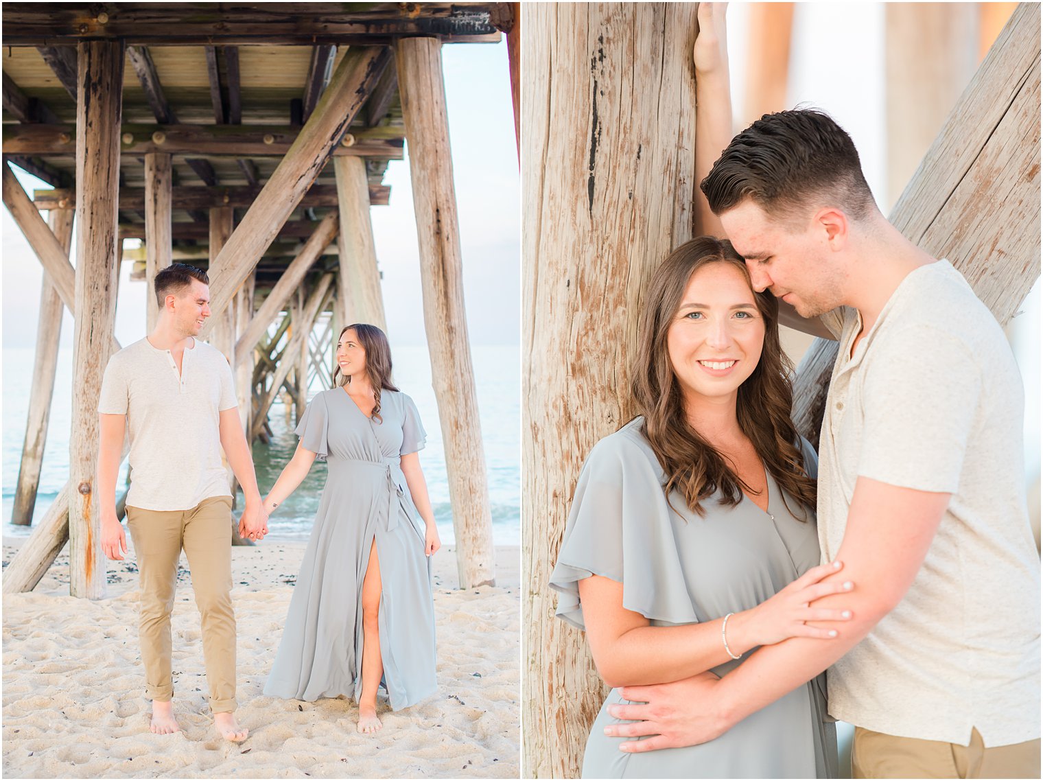engaged couple walks under pier on the Jersey Shore