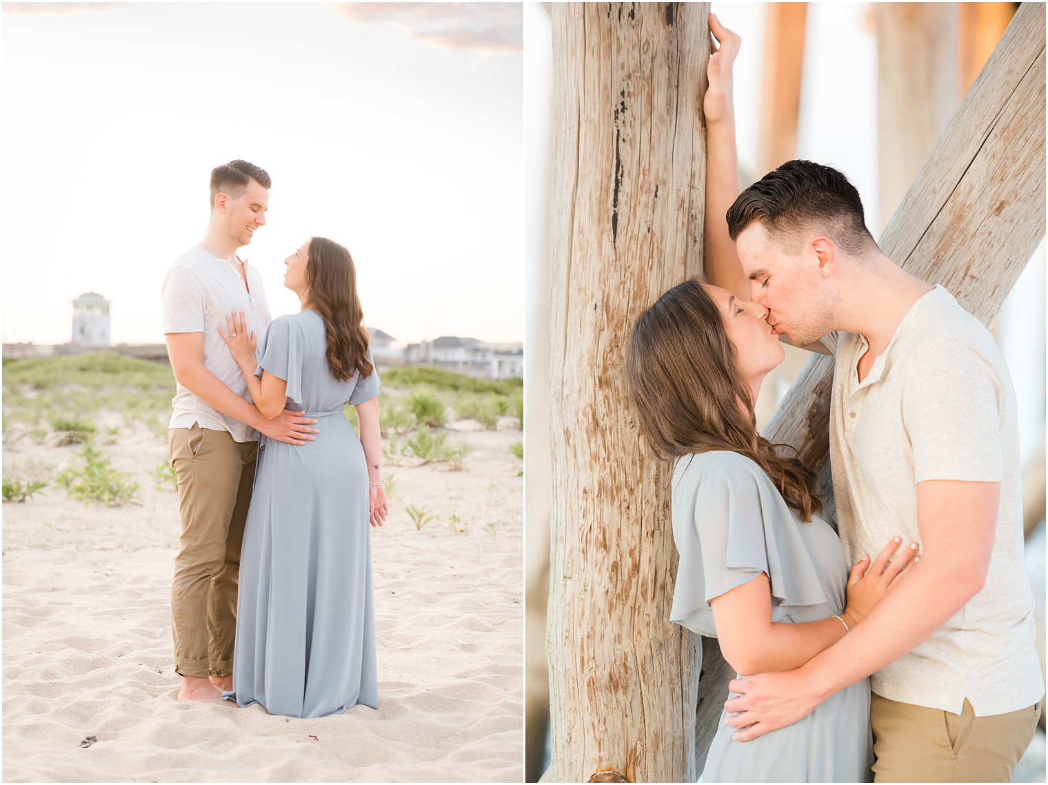 man leans to kiss brunette woman against pier during Jersey Shore engagement session 