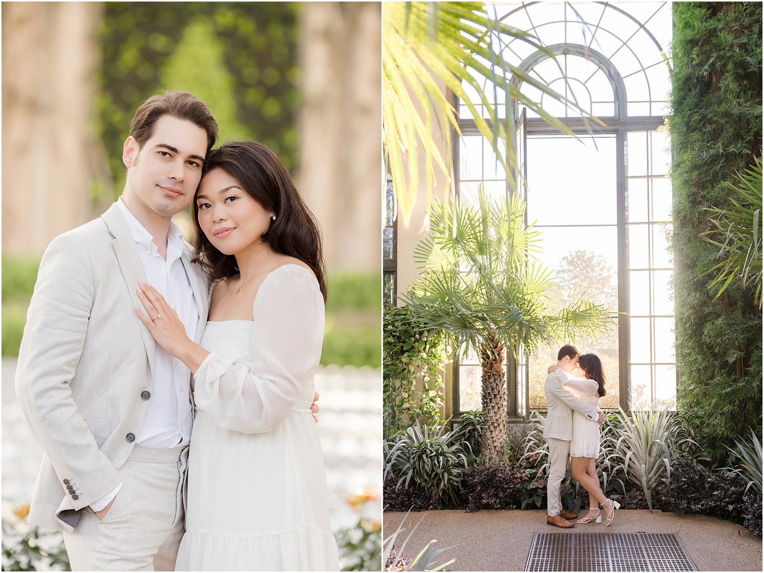 engaged couple hugs by big windows at Longwood Gardens
