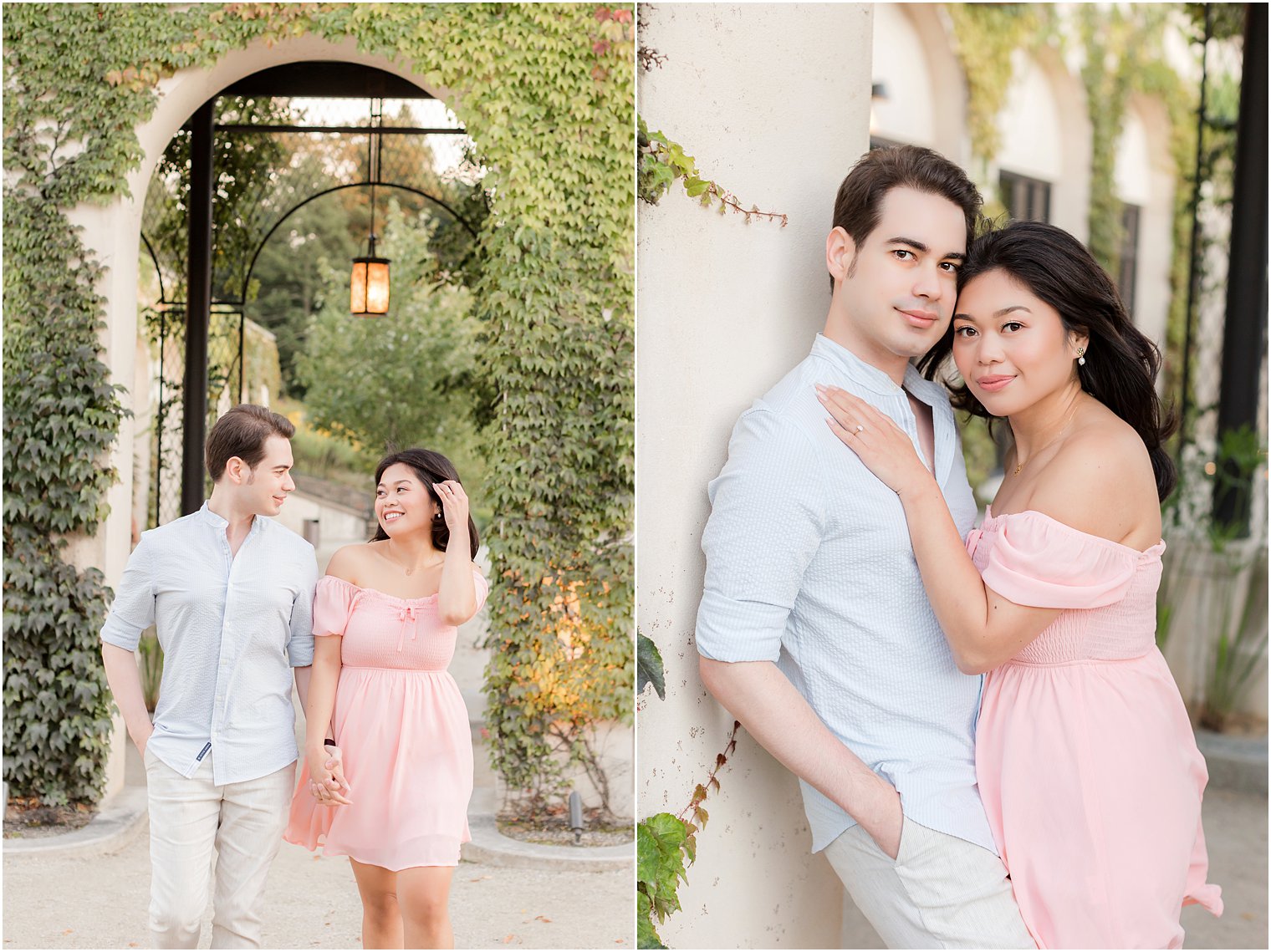 couple leans against white wall in pastel outfits at Longwood Gardens